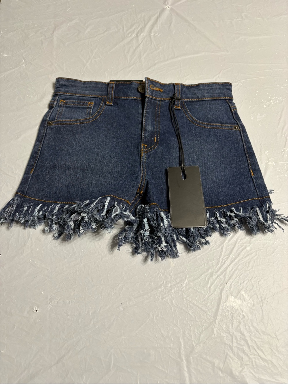 Lucky & Blessed Dark Blue Frayed Hem Denim Shorts